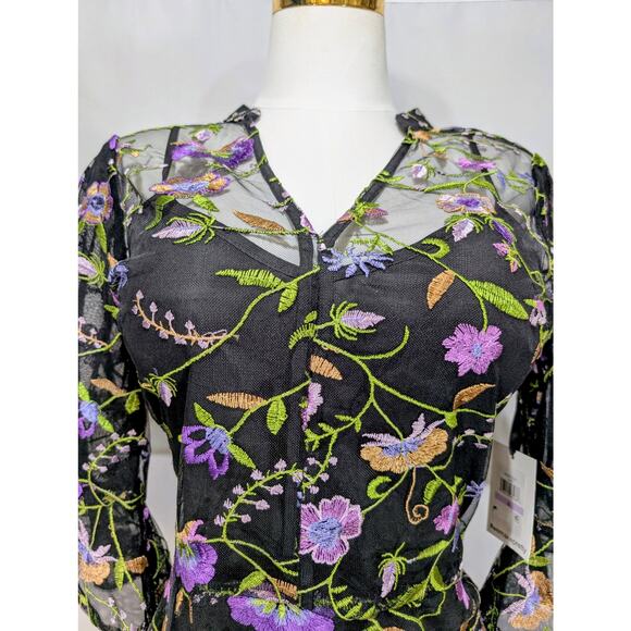 Kensie Black Floral Embroidered Mesh Dress Size 6 NWT with Charm - Picture 2 of 11